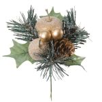 Plastik Gesteck Apfel, Birne, Kiefer HERMOSA mit Kugeln, Steckstab, gold, 20cm, Ø12cm