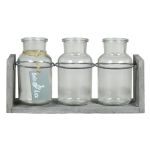 Glasflaschen LORRIE mit Holzständer, 3 Gläser, klar, 25x8x13cm