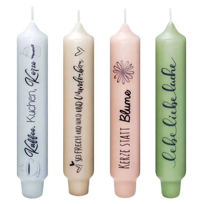 Stabkerze mit Spruch KELANI, Mitbringsl, 4 Kerzen, 4 Sprüche, bunt, 16,5cm, Ø2,8cm, 6h