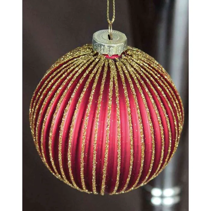 Glas Weihnachtskugel KARLA mit Rillen Dekor, matt-rot-gold, Ø8cm