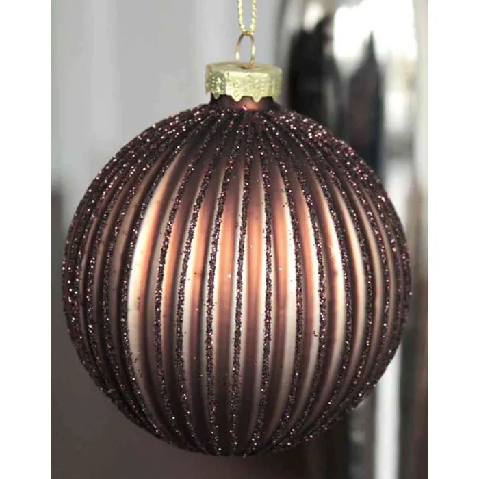 Glas Weihnachtskugel KARLA mit Rillen Dekor, matt-braun-gold, Ø8cm