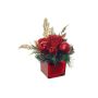 Plastik Gesteck Rose, Kiefer, Ilex HALANA mit Kugeln, Dekoglas, rot-gold, 13cm, Ø19cm