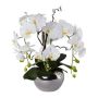 Kunst Orchidee Korkenzieherweide Gesteck LULUDI, Keramiktopf silber, Wurzeln, weiß, 55cm