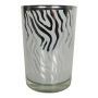 Teelicht Kerzen Glas NADESHDA mit abstrakten Linien, weiß-matt-silber-glänzend, 18cm, Ø12cm