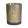 Glas Teelichthalter EDELTRAUD mit Chalet Motiv, silber-matt-gold-glänzend, 12,5cm, Ø10cm