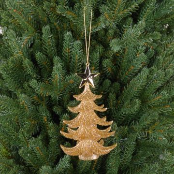 Acryl Hänger Tannenbäumchen RION mit Stern, Glitzer, gold, 12cm, Ø9cm Acryl Hänger Tannenbäumchen RION mit Stern, Glitzer, gold, 12cm, Ø9cm