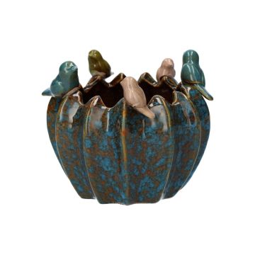 Pflanztopf TARINO aus Keramik, mit 3D Vögeln, blau-braun-grün-beige, 13,7cm, Ø15,3cm
