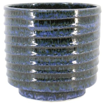 Blumentopf Terrakotta STELER mit Rillen, Standfuß, blau, 12cm, Ø14cm