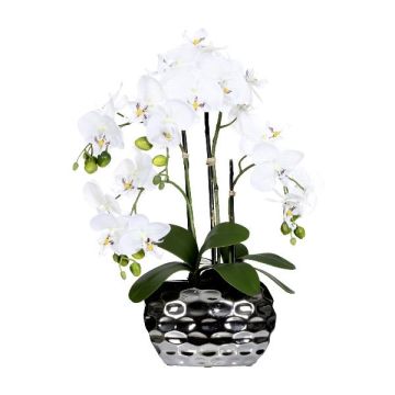 Künstliche Phalaenopsis Orchidee SINKA im Dekotopf silber, weiß, 55cm Künstliche Phalaenopsis Orchidee SINKA im Dekotopf silber, weiß, 55cm