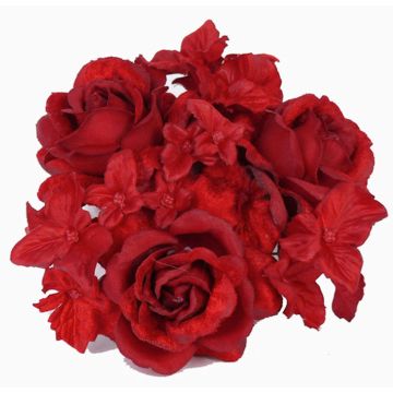 Künstlicher Kerzenkranz INGA, Rose, Hortensie, rot, Ø10cm