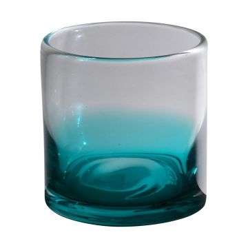Teelichtglas MAXIMINO, goldene Farbtupfer, türkis-klar, 9cm, Ø8cm Teelichtglas MAXIMINO, goldene Farbtupfer, türkis-klar, 9cm, Ø8cm