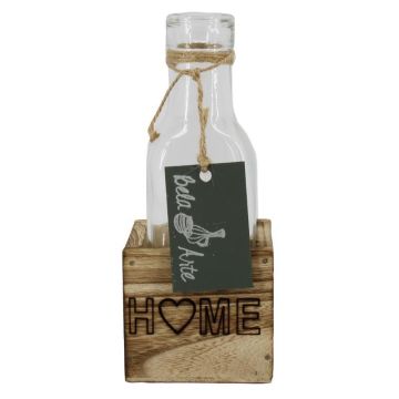 Glasflasche STOLLAN im Holzkistchen, Schriftzug Home, klar, 6,7x6,7x15,5cm