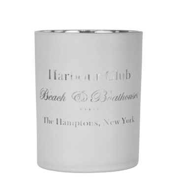 Teelicht Halter Glas CORNEILLE mit Harbour Club Schriftzug, weiß-matt-silber-glänzend, 12,5cm, Ø10cm Teelicht Halter Glas CORNEILLE mit Harbour Club Schriftzug, weiß-matt-silber-glänzend, 12,5cm, Ø10cm
