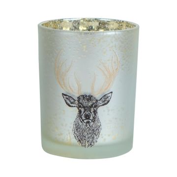 Teelicht Glas JOHNATHAN mit Hirschkopf Motiv, weiß-matt-gold-glänzend, 12,5cm, Ø10cm Teelicht Glas JOHNATHAN mit Hirschkopf Motiv, weiß-matt-gold-glänzend, 12,5cm, Ø10cm