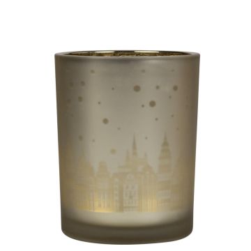 Teelicht Kerzenglas MICHAELLA mit Häuser Motiv, champagner-matt-gold-glänzend, 12,5cm, Ø10cm Teelicht Kerzenglas MICHAELLA mit Häuser Motiv, champagner-matt-gold-glänzend, 12,5cm, Ø10cm