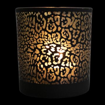 Teelicht Kerzenglas JADRANKA mit Jaguar Muster, schwarz-matt-gold-glänzend, 18cm, Ø12cm Teelicht Kerzenglas JADRANKA mit Jaguar Muster, schwarz-matt-gold-glänzend, 18cm, Ø12cm