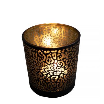 Teelicht Kerzenglas JADRANKA mit Jaguar Muster, schwarz-matt-gold-glänzend, 12,5cm, Ø10cm Teelicht Kerzenglas JADRANKA mit Jaguar Muster, schwarz-matt-gold-glänzend, 12,5cm, Ø10cm