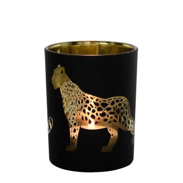 Teelicht Kerzenglas JEKATERINA mit Jaguar Motiv, schwarz-matt-gold-glänzend, 12cm, Ø10cm Teelicht Kerzenglas JEKATERINA mit Jaguar Motiv, schwarz-matt-gold-glänzend, 12cm, Ø10cm