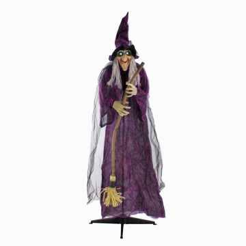 Halloween Dekofigur Hexe FERDERRA mit Bewegungs- Soundfunktion, Besen, LEDs, 175cm