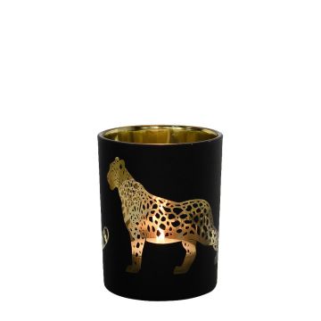 Teelicht Kerzenglas JEKATERINA mit Jaguar Motiv, schwarz-matt-gold-glänzend, 8cm, Ø7cm Teelicht Kerzenglas JEKATERINA mit Jaguar Motiv, schwarz-matt-gold-glänzend, 8cm, Ø7cm