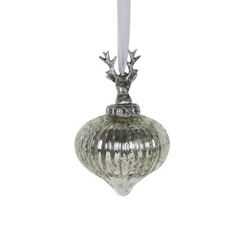 Christbaumkugel NUMI aus Glas, Hirsch, Zwiebelform, silber, Ø10cm
