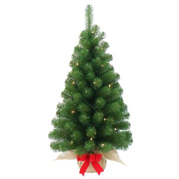 Künstlicher Tannenbaum WARSCHAU, Jutesack, rote Schleife, LEDs, 90cm, Ø50cm