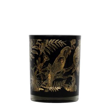 Teelicht Glas Kerzenhalter CHINATSU mit Papagei Motiv, schwarz-matt-gold-glänzend, 10cm, Ø8cm Teelicht Glas Kerzenhalter CHINATSU mit Papagei Motiv, schwarz-matt-gold-glänzend, 10cm, Ø8cm