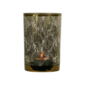 Teelicht Glas Kerzenhalter ELIZABETE mit Schlangen Muster, weiß-matt-gold-glänzend, 18cm, Ø12cm
