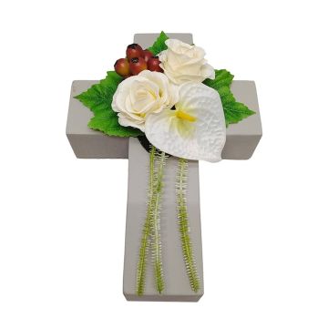 Kunstblumengesteck Rose, Anthurium, Hagebutte NINNA, Pflanzkreuz, weiß-rot, 30x18x11cm