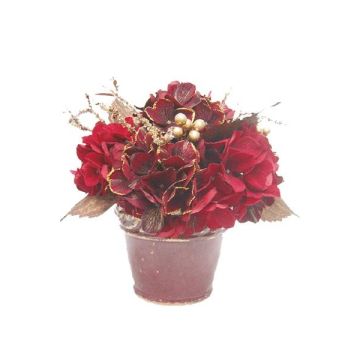 Künstliches Blumengesteck Hortensie, Beere SUKI, Dekotopf, rot-gold, 25cm, Ø25cm Künstliches Blumengesteck Hortensie, Beere SUKI, Dekotopf, rot-gold, 25cm, Ø25cm