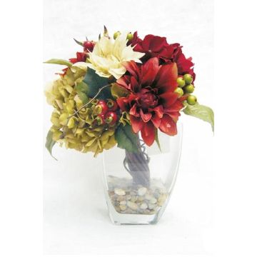Unechtes Blumen Gesteck Dahlie, Hortensie THEES, Dekoglas, rot-creme-grün, 30cm, Ø25cm Unechtes Blumen Gesteck Dahlie, Hortensie THEES, Dekoglas, rot-creme-grün, 30cm, Ø25cm
