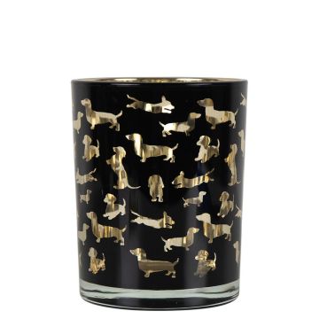 Teelichtglas Kerzen Halter GEORGETTE mit Dackel Motiv, schwarz-matt-gold-glänzend, 12,5cm, Ø10cm Teelichtglas Kerzen Halter GEORGETTE mit Dackel Motiv, schwarz-matt-gold-glänzend, 12,5cm, Ø10cm