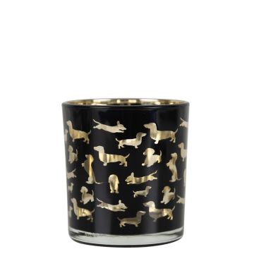 Teelichtglas Kerzen Halter GEORGETTE mit Dackel Motiv, schwarz-matt-gold-glänzend, 8cm, Ø7,5cm Teelichtglas Kerzen Halter GEORGETTE mit Dackel Motiv, schwarz-matt-gold-glänzend, 8cm, Ø7,5cm