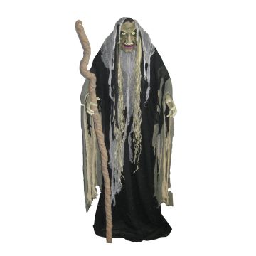Halloween Dekofigur Hexe WALPURGA mit Stock, Sound- und Bewegungsfunktion, LEDs, 153cm