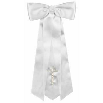 Kerzenschleife ALESANDRA aus Satin, mit Kreuz, weiß-gold, 30cm, Ø5cm