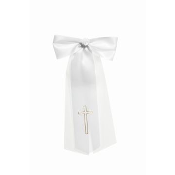 Kerzenschleife NATANIEL aus Satin, mit Kreuz, weiß, 28cm, Ø4-5cm