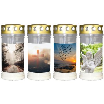 Grablicht SAVINA mit Motiv, Deckel, 4 Stück, weiß, 17cm, Ø7,7cm, 96h