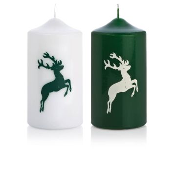 Weihnachtskerze DALDI, Hirsch Motiv, 2 Stück, dunkelgrün-weiß, 15cm, Ø8cm, 69h - Made in Germany Weihnachtskerze DALDI, Hirsch Motiv, 2 Stück, dunkelgrün-weiß, 15cm, Ø8cm, 69h - Made in Germany