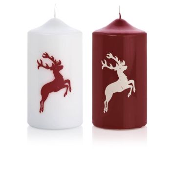 Weihnachtskerze DALDI, Hirsch Motiv, 2 Stück, bordeaux-weiß, 15cm, Ø8cm, 69h - Made in Germany Weihnachtskerze DALDI, Hirsch Motiv, 2 Stück, bordeaux-weiß, 15cm, Ø8cm, 69h - Made in Germany