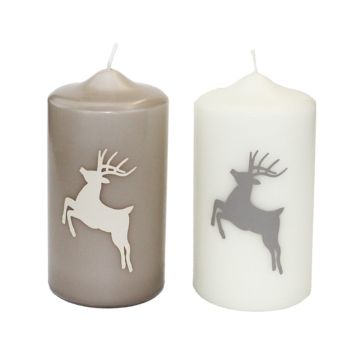 Weihnachtskerze DALDI, Hirsch Motiv, 2 Stück, beige-weiß, 15cm, Ø8cm, 69h - Made in Germany Weihnachtskerze DALDI, Hirsch Motiv, 2 Stück, beige-weiß, 15cm, Ø8cm, 69h - Made in Germany