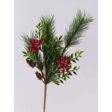 Kunst Zweig FREDEGONDA, Kiefer, Vogelbeeren, Zapfen, rot-grün, 65cm