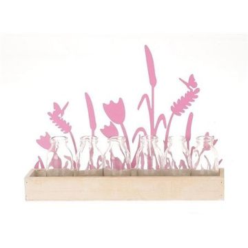 Holz Deko Tablett HIFTU mit 6 Glasflaschen, Zink Blumen, rosa, 35x6x28,5cm