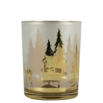 Teelichtglas Kerzen Halter NICOLETA mit Hirsch Tannen Motiv, weiß-matt-gold-glänzend, 12,5cm, Ø10cm Teelichtglas Kerzen Halter NICOLETA mit Hirsch Tannen Motiv, weiß-matt-gold-glänzend, 12,5cm, Ø10cm