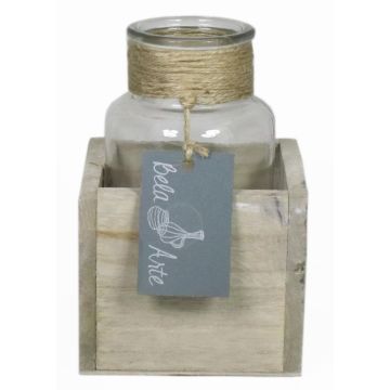 Glasflasche LORRIE in Holzkiste, klar, 9x9x13cm