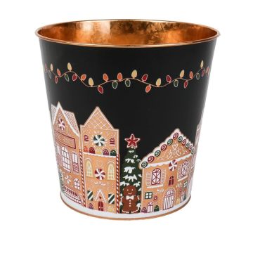 Zink Pflanztopf MAVETA mit Lebkuchenhaus Motiv, schwarz-kupfer, 12cm, Ø13cm