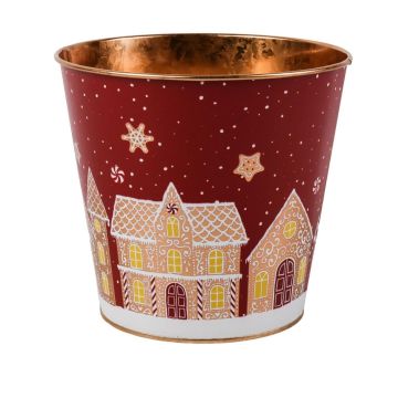 Zink Pflanztopf MAVETA mit Lebkuchenhaus Motiv, dunkelrot-kupfer, 13,5cm, Ø15cm