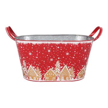 Zink Pflanztopf oval MAVETA mit Lebkuchenhaus Motiv, Henkel, rot-kupfer, 32x15,7x19cm