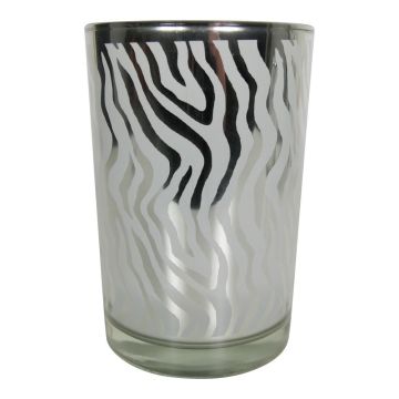Teelicht Kerzen Glas NADESHDA mit abstrakten Linien, weiß-matt-silber-glänzend, 18cm, Ø12cm Teelicht Kerzen Glas NADESHDA mit abstrakten Linien, weiß-matt-silber-glänzend, 18cm, Ø12cm