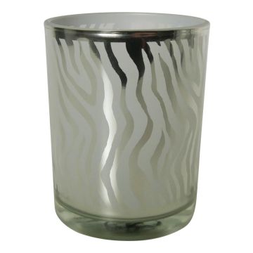 Teelicht Kerzen Glas NADESHDA mit abstrakten Linien, weiß-matt-silber-glänzend, 12,5cm, Ø10cm Teelicht Kerzen Glas NADESHDA mit abstrakten Linien, weiß-matt-silber-glänzend, 12,5cm, Ø10cm