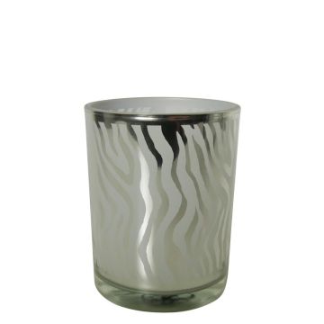 Teelicht Kerzen Glas NADESHDA mit abstrakten Linien, weiß-matt-silber-glänzend, 8cm, Ø7cm Teelicht Kerzen Glas NADESHDA mit abstrakten Linien, weiß-matt-silber-glänzend, 8cm, Ø7cm